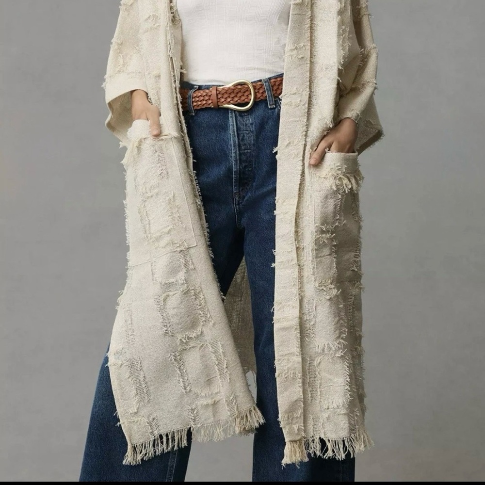 Pilcro Fringed Open Front Kimono Cardigan Silver Shimmer Textured Pockets Boho